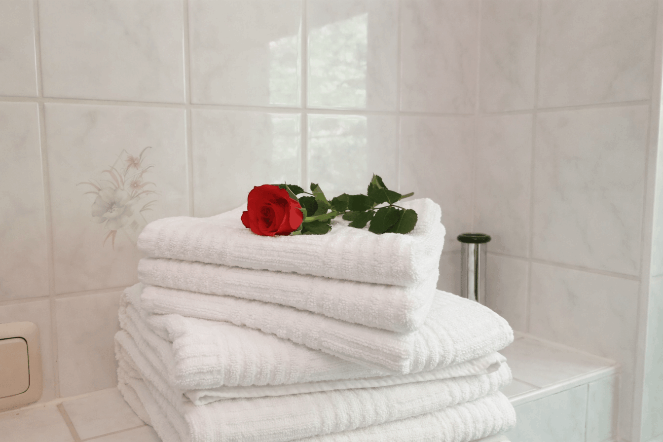 Frisch gefaltete weiße Handtücher mit roter Rose im Badezimmer der Pension Waldfrieden in Wolkenstein