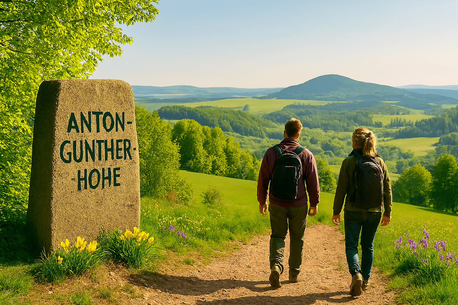 Zwei Wanderer mit Rucksack auf Frühlingspfad zur Anton-Günther-Höhe, umgeben von blühenden Wiesen und weitem Blick ins Erzgebirge.